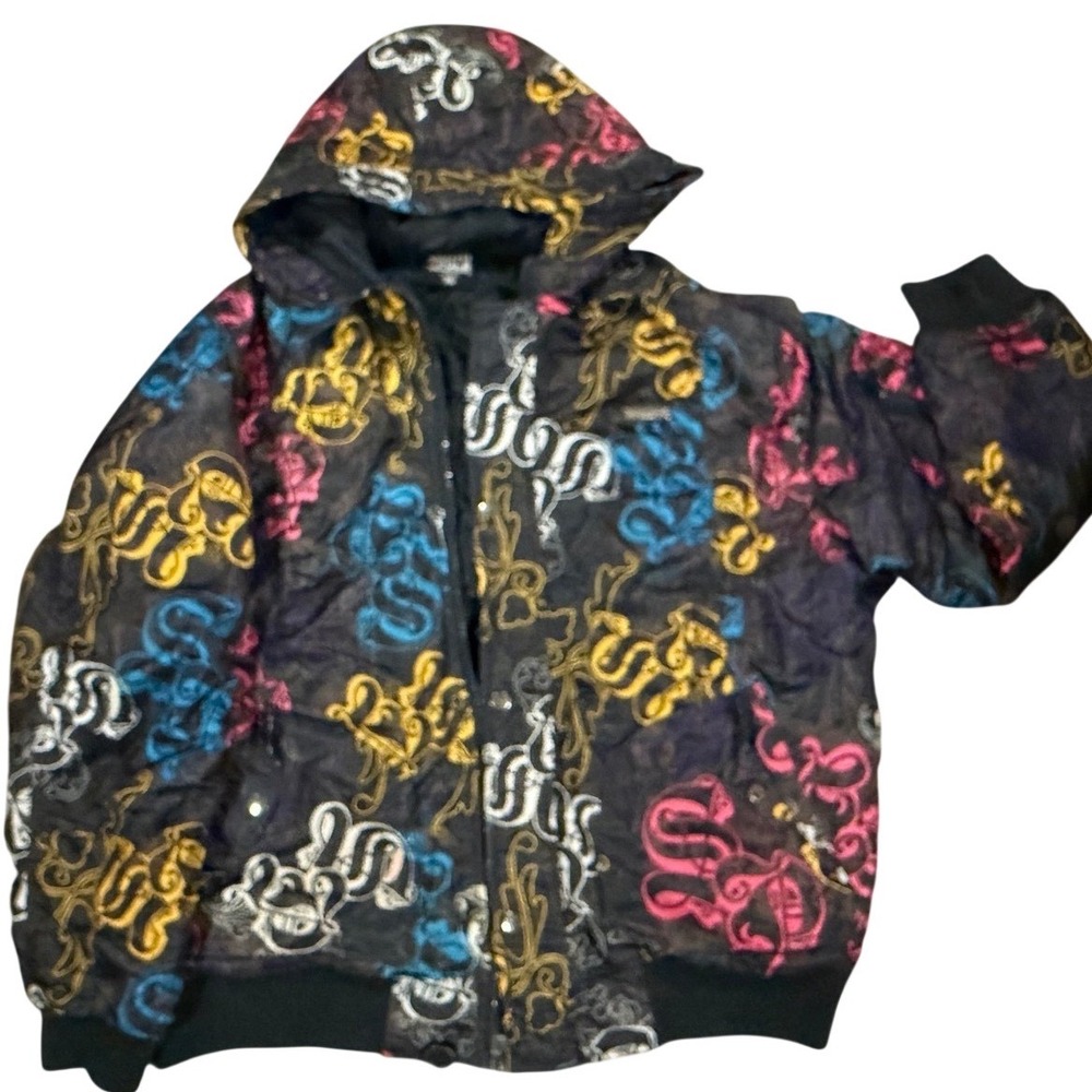 Southpole Mens XL Graffiti Print Puffer Jacket Hooded Y2K Streetwear Black Multi